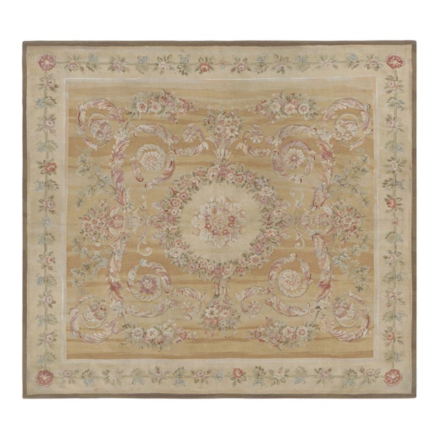 Rug & Kilim’s Aubusson Style Rug in Light Gold and Cream With Floral Medallion For Sale