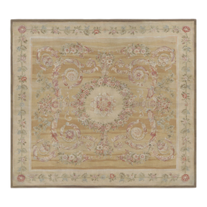 Rug & Kilim’s Aubusson Style Rug in Light Gold and Cream With Floral Medallion