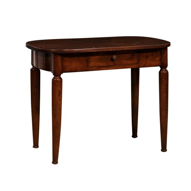 Late 19th Century Italian Walnut 1890s Side Table with Oval Top, One Drawer and Cylindrical Legs For Sale - Image 5 of 12