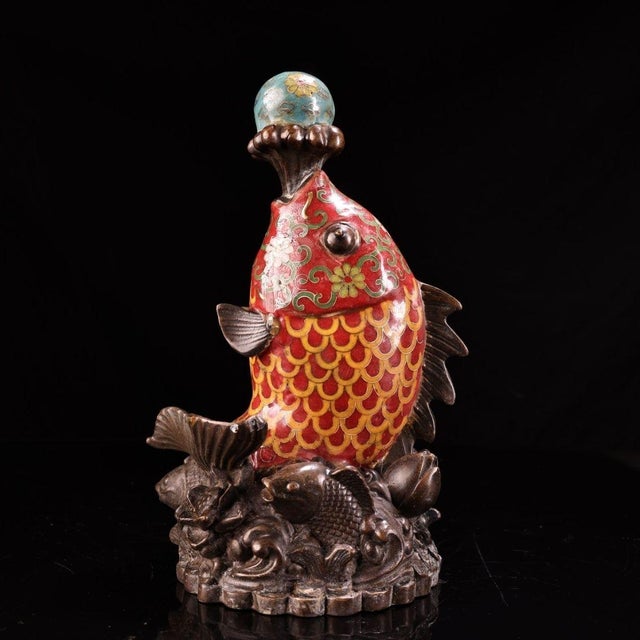 Vintage Chinese Cloisonne Enamel Koi Fish Statue, Champleve Carp Sculpture With Lotus Wave Base For Sale In Los Angeles - Image 6 of 9