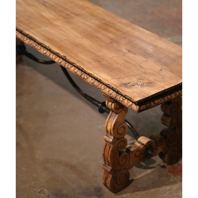 19th Century Spanish Renaissance Carved Chestnut Folding Bench With Iron For Sale - Image 11 of 12