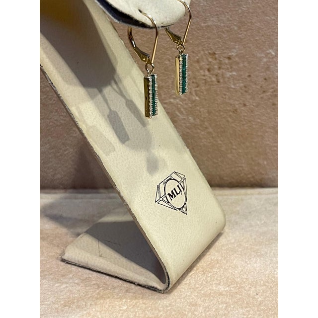 Metal Princess Cut Emerald & Diamond 14 Kt Yellow Gold Dangling Earring For Sale - Image 7 of 8