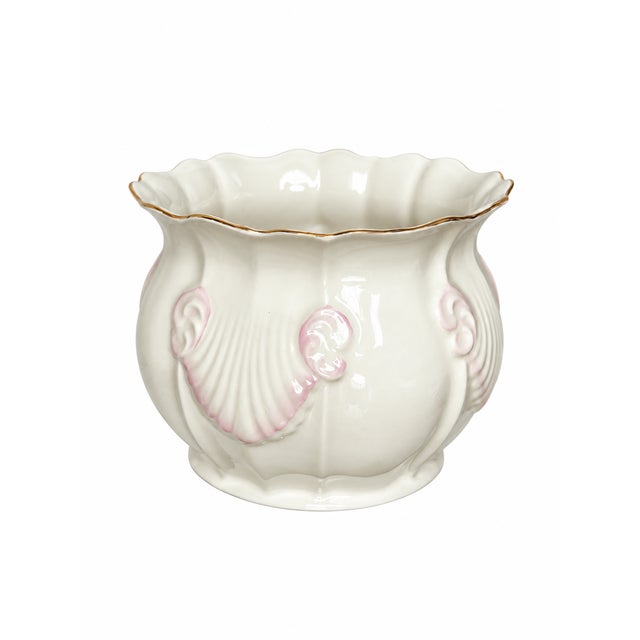 Shell Belleek Georgian Shell Ivory and Blush Pink Parian Porcelain Cachepot With Gold Rim For Sale - Image 7 of 10