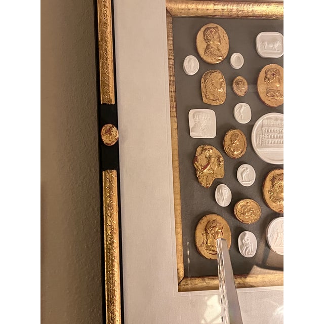 Wood Neoclassical Revival Parcel Gilt and Painted Shadow Box Frame With Grand Tour Gilded & Plaster Intaglio Set For Sale - Image 7 of 11