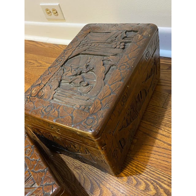 Brown Mid 20th Century Vintage Asian Large Handmade Carved Wooden Boxes Set of 3 For Sale - Image 8 of 10