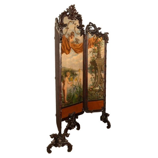 Antique French Rococo Oil Canvas Walnut Painting Landscape Cherubs Screen 1870 For Sale - Image 4 of 18