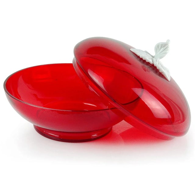 Elegant Venetian, early Murano hand blown bright red with white pasta glass leaf decoration Italian art glass covered bowl...
