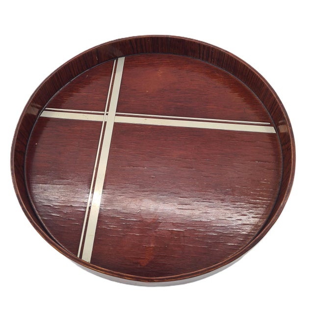 Art Deco Round Dark Veneer Tray with Metal Decoration, 1930s For Sale - Image 9 of 9