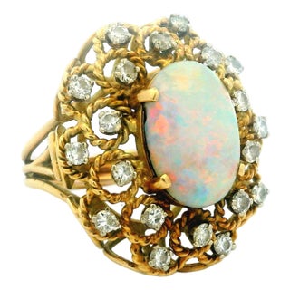 Vintage Italian Opal & Diamond Cocktail Ring | 14k Gold Mid-Century Statement, Size 6 For Sale