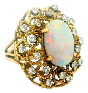 Vintage Italian Opal & Diamond Cocktail Ring | 14k Gold Mid-Century Statement, Size 6