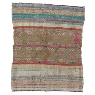 Vintage Embroidered Kilim Rug- 4′2″ × 5′1″ For Sale