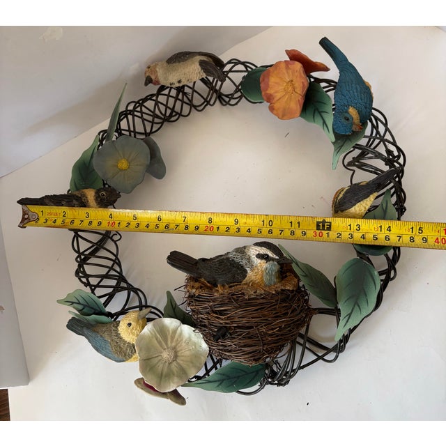 Vintage Botanical Bird Wreath Sculpture With Nest, Nature-Inspired Metal Wall Art, Cottage Garden Relief For Sale - Image 9 of 9
