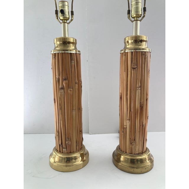 1960s Pencil Reed Rattan Table Lamps With Brass Details- A Pair For Sale - Image 4 of 10