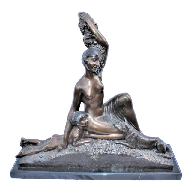 1990s Art Deco Sculpture Semi-Nude Girl with Boy and Dog After Delandre Large For Sale