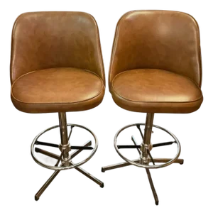 1970s Vintage Chrome and Cognac Vinyl Swivel Bar Stools - A Pair