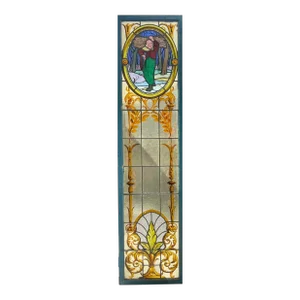 Antique French Leaded Stained Glass Window Countryside Theme From 1890