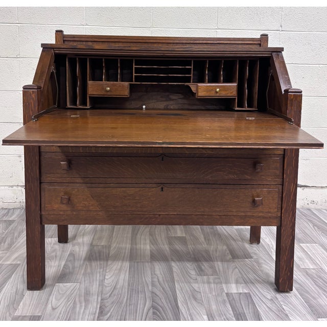 Antique Cron-Kills Co. Arts & Crafts Mission Tiger Oak Secretary Desk For Sale - Image 13 of 13