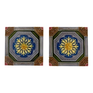 Vintage Japanese Glazed Ceramic Tiles With Geometric & Floral Patterns, Saji Tile Works, Set of 2 For Sale