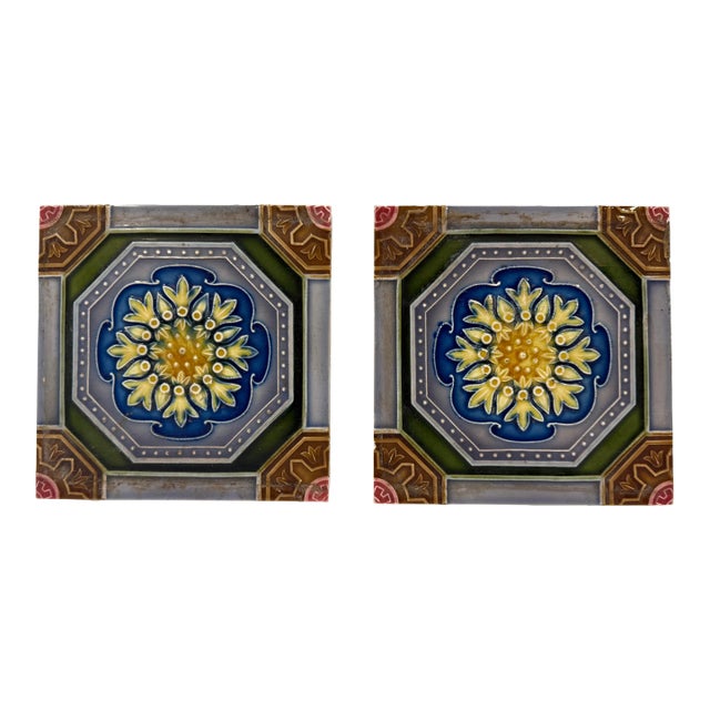 Vintage Japanese Glazed Ceramic Tiles With Geometric & Floral Patterns, Saji Tile Works, Set of 2 For Sale