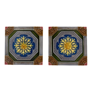 Vintage Japanese Glazed Ceramic Tiles With Geometric & Floral Patterns, Saji Tile Works, Set of 2