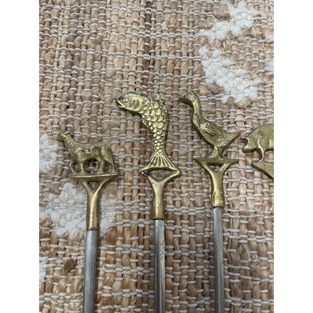 Vintage Brass Animal Top Skewers Set of 7 Brass & Steel For Sale - Image 4 of 11