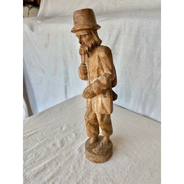 Traditional Early 20th Century Wood Hand Carved Fisherman Statue For Sale - Image 3 of 12