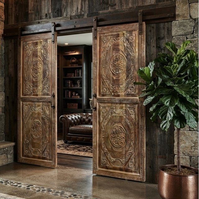 1920s Hand-Carved Double-Sided Solid Wood Doors With Octagon Rosette Motif | Antique Architectural For Sale - Image 5 of 5