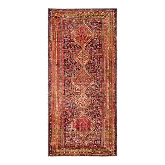 1930s Re Medallion Tribal Antique S Persian Ghashgaie Gallery Rug 6'6" X 14'4" Handknotted Wool Carpet For Sale
