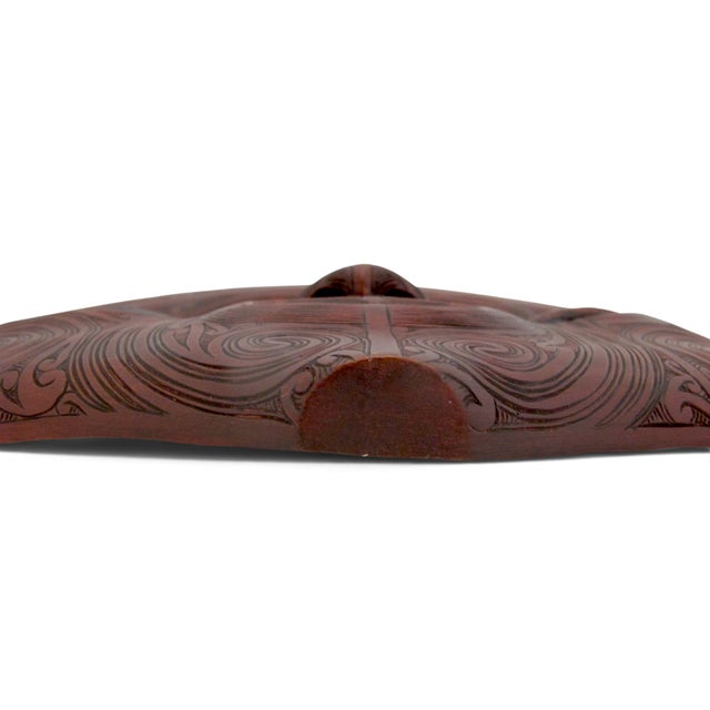 Brown John Collins Maori New Zealand Ta Moko Carved Wood Whaikairo Rakau Mask For Sale - Image 8 of 15