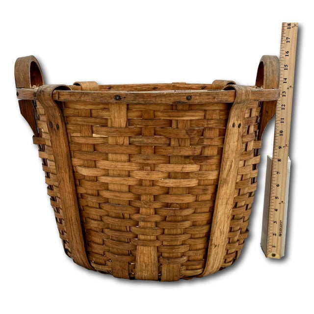 Large Size Substantially Made Antique American Hand Woven Ash Wood Splint Maine Apple Farm Basket For Sale - Image 18 of 18