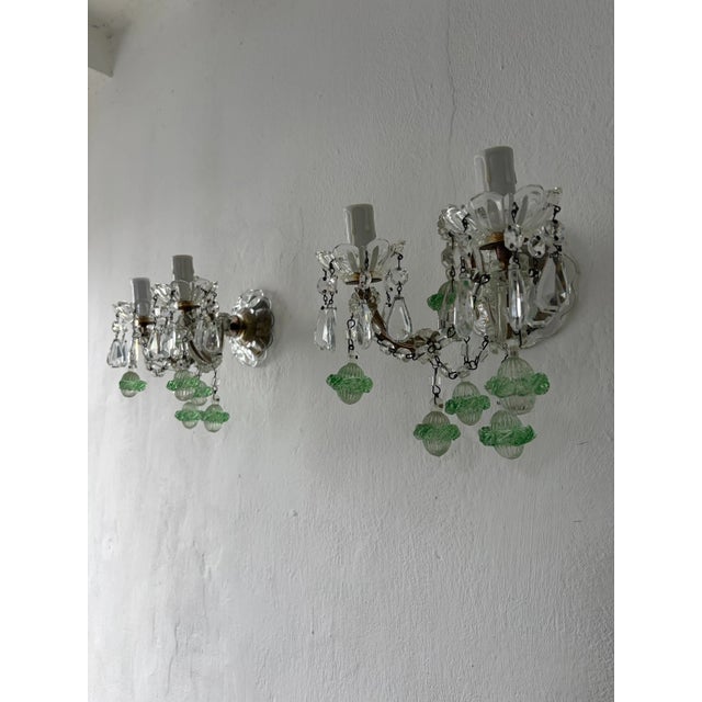 C 1920 Rare Set Green Murano Flowers Ribbon Crystal Sconces One of Kind For Sale - Image 4 of 11