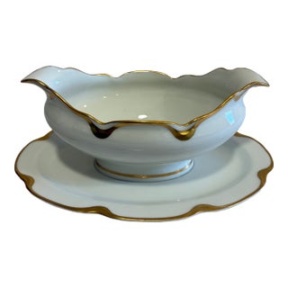 Antique Haviland & Co. Limoges Gold Rim Gravy Boat With Attached Underplate, France For Sale