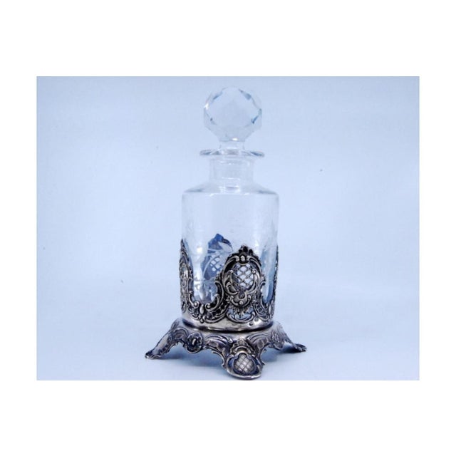 Acid Etched Glass Liqueur Bottle with Cut-Out Silver Frame and Feet For Sale - Image 10 of 11