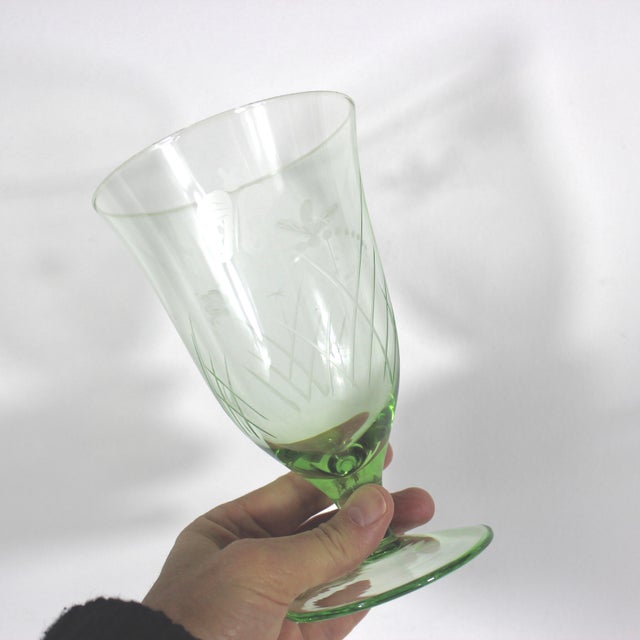 Etched Dragonfly Butterfly Mid 20th Century Spring Green Grass and Flowers Large Goblets- Set of 4 For Sale - Image 6 of 12