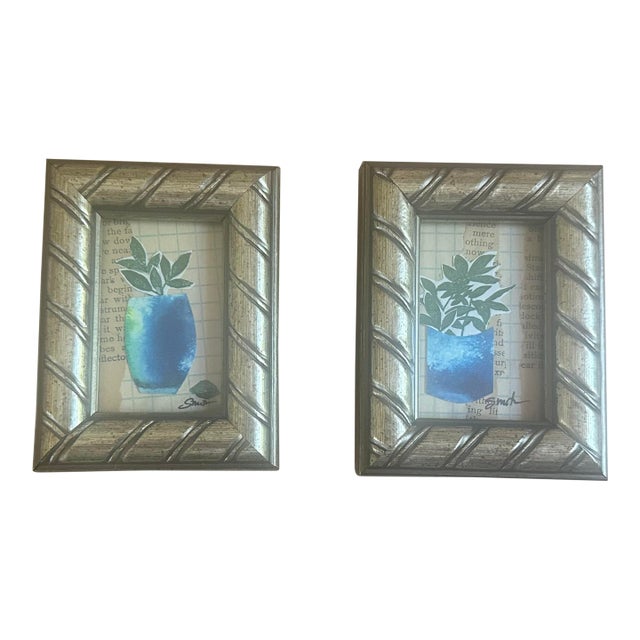 Blue Vessel Botanicals: Framed Miniature Mixed Media Collages, Set of Two For Sale