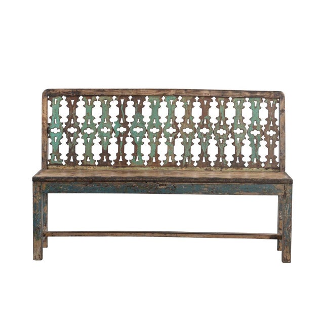 Indian Vintage Indian Painted Teakwood Bench For Sale - Image 3 of 4
