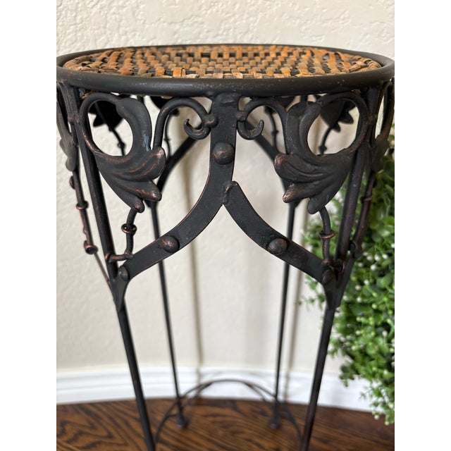 French Country Vintage Wrought Iron Pedestal Plant Stand With Woven Wicker Top For Sale - Image 3 of 7