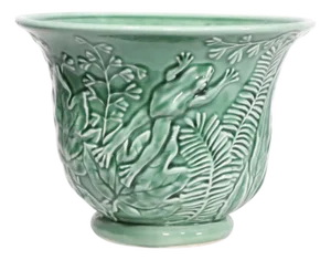 Vintage Mid 20th Century Ceramic Planter With Raised Decoration of Foliate and a Frog