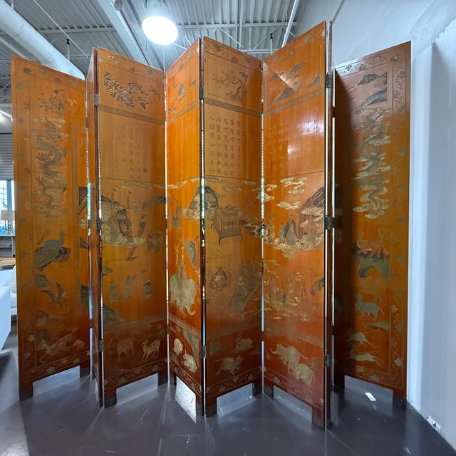 Chinese Lacquered Eight-Panel Folding Screen For Sale - Image 4 of 11