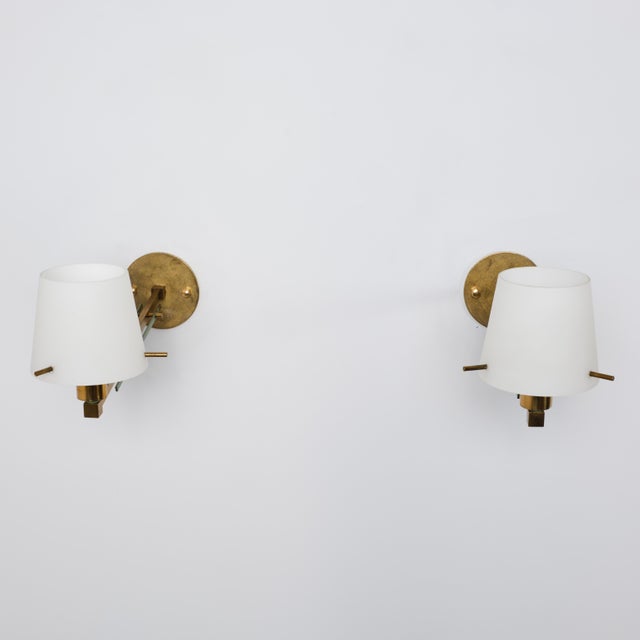 Italian Brass, Green Metal and Opaline Glass Wall Sconces, 1950s, Set of 2 For Sale - Image 10 of 14