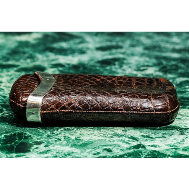 Refined English Antique Leather Sterling Silver Luxury Cigar Case For Sale In New York - Image 6 of 9