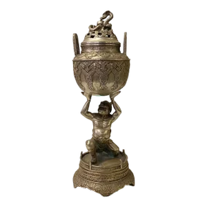 Oriental Silver Color Metal Lohan Deity Artistic Incense Burner Display