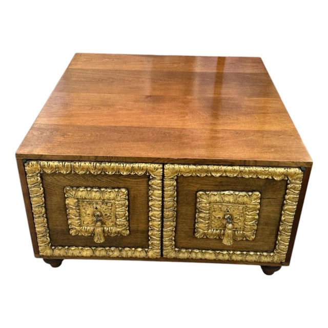 Mid-Century Spanish Revival Low Storage Cabinet With Gold Gilt Accents For Sale