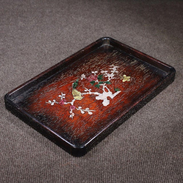 Late 20th Century Rosewood Rectangular Tray Inlaid With Mother-of-Pearl For Sale - Image 5 of 9