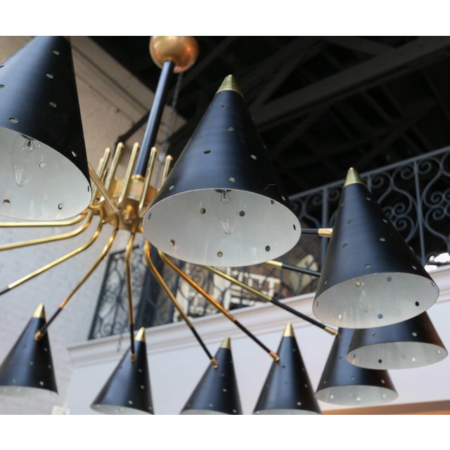 Metal Midcentury Style Brass Chandelier With Black Perforated Shades For Sale - Image 7 of 9