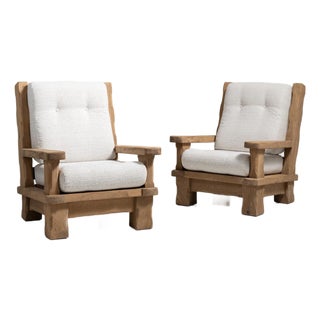1970s Brutalist Cream Wood Pair of Club Chairs For Sale