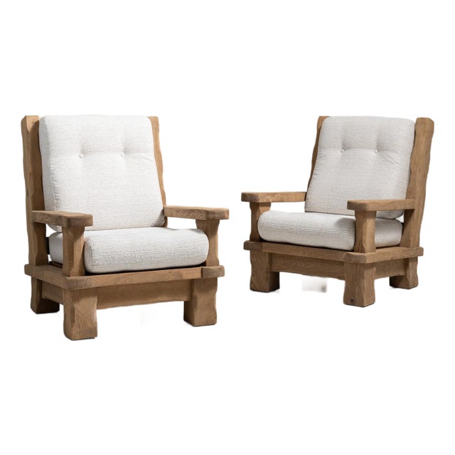 1970s Brutalist Cream Wood Pair of Club Chairs For Sale