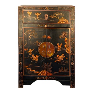Chinese Distressed Black Copper Scenery Graphic End Table Nightstand For Sale