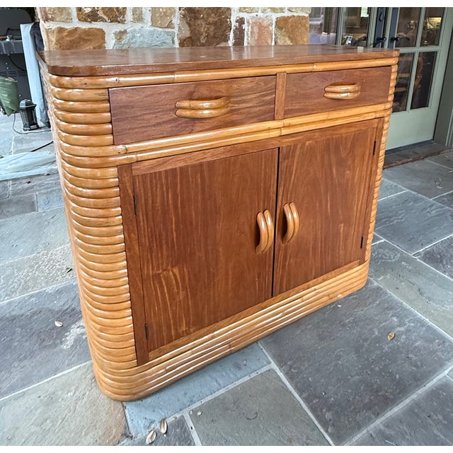 Wood 1940s Restored Stacked Rattan Storage Cabinet With Mahogany Top in Style of Paul Frankl Bar Cabinet For Sale - Image 7 of 13