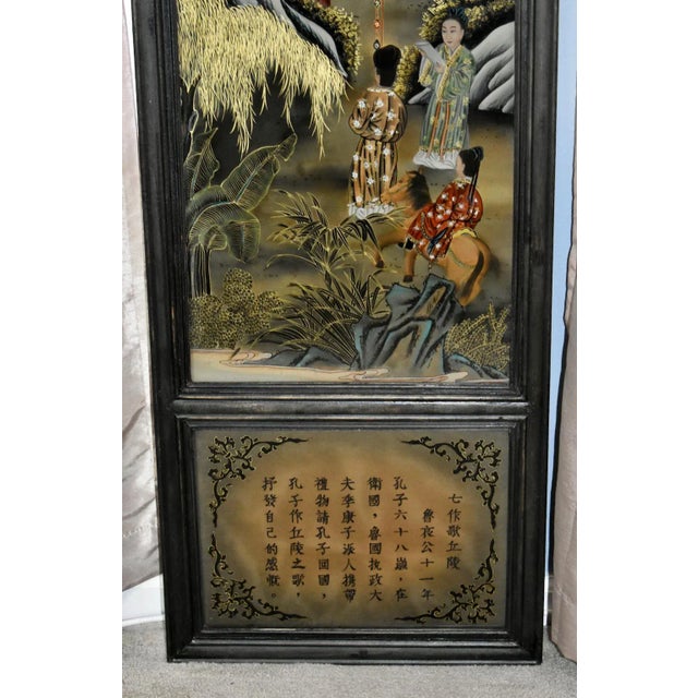 Reverse Painted Wall Plaque on Glass Antique Asian Three Section Vertical For Sale - Image 4 of 12